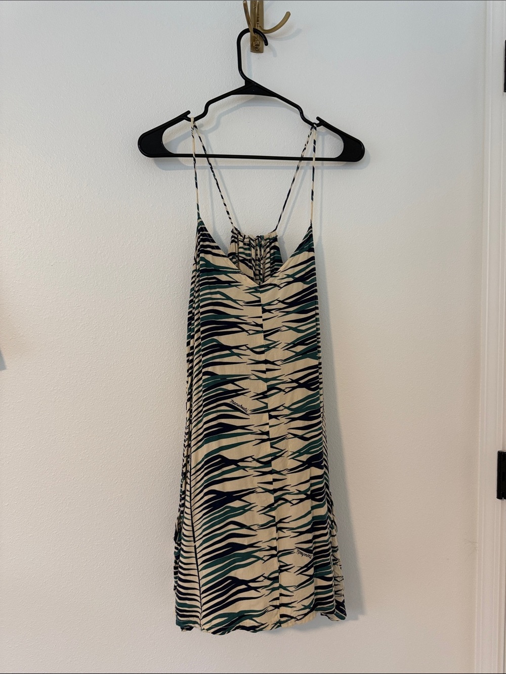 Manuheali’i Spaghetti Strap Printed Slip Dress in Cream and Teal